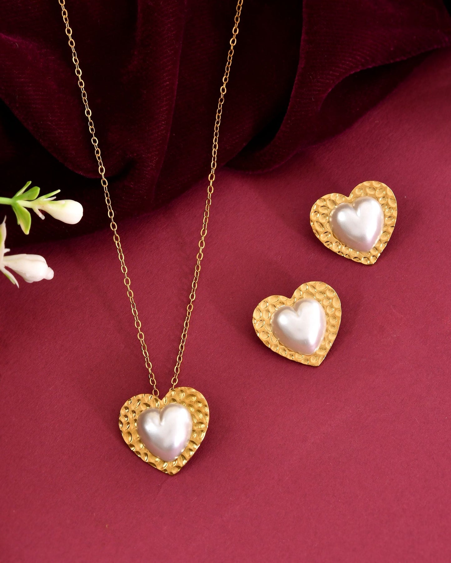 VOJ Gold Toned Pearl Studded Heart Shaped Pendant And Earrings With Chain Set