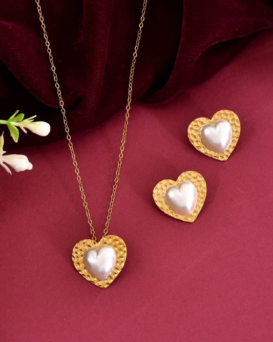 VOJ Gold Toned Pearl Studded Heart Shaped Pendant And Earrings With Chain Set