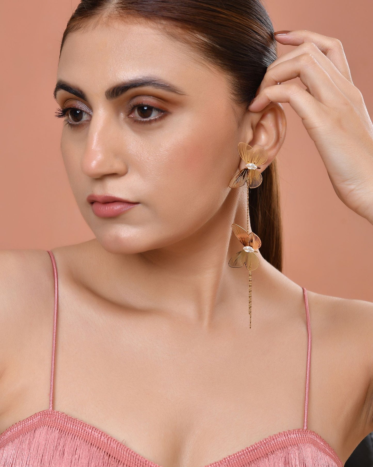 VOJ Gold Toned Butterfly Design With Tassel Studs Earrings