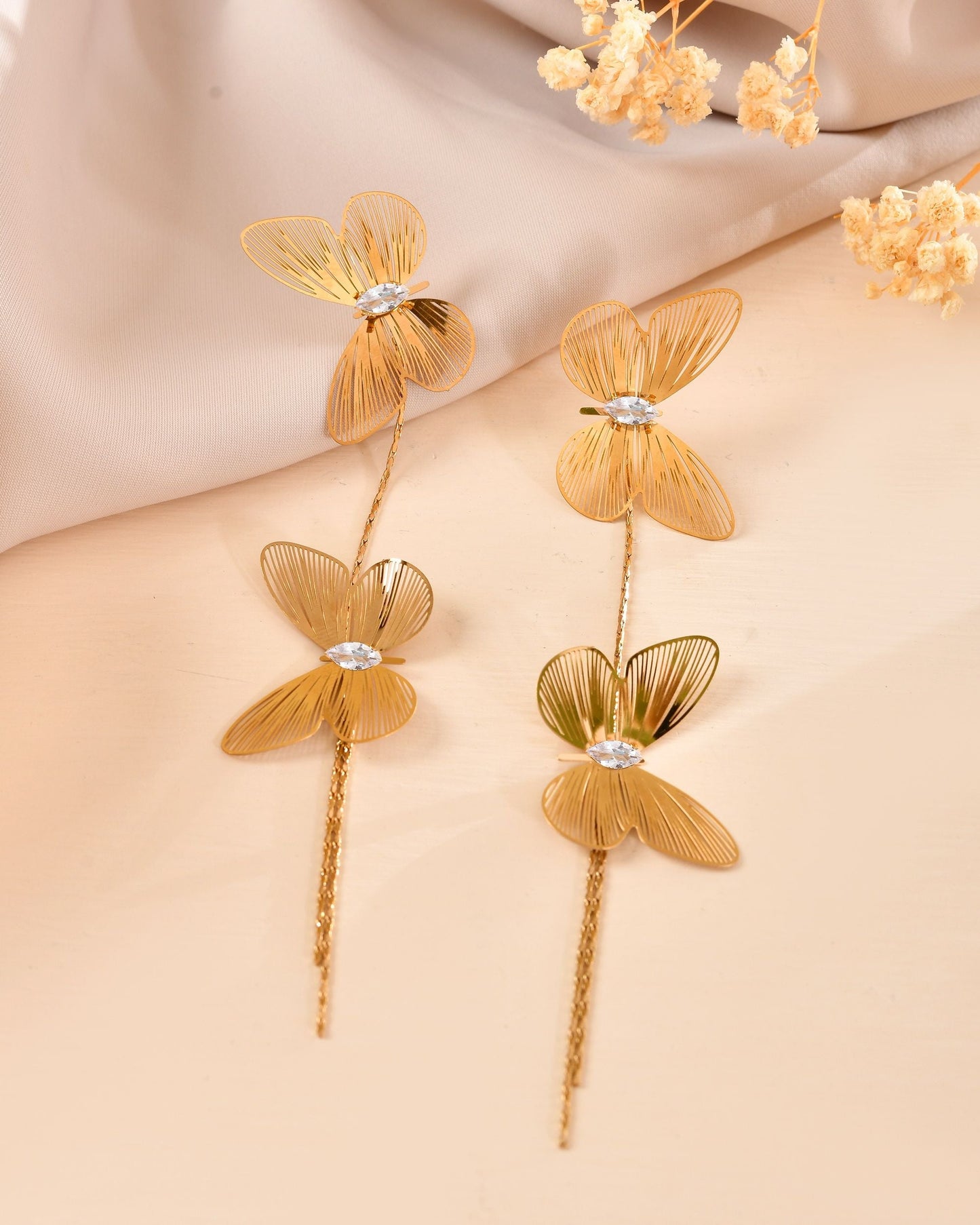 VOJ Gold Toned Butterfly Design With Tassel Studs Earrings