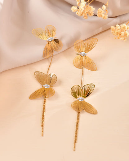 VOJ Gold Toned Butterfly Design With Tassel Studs Earrings
