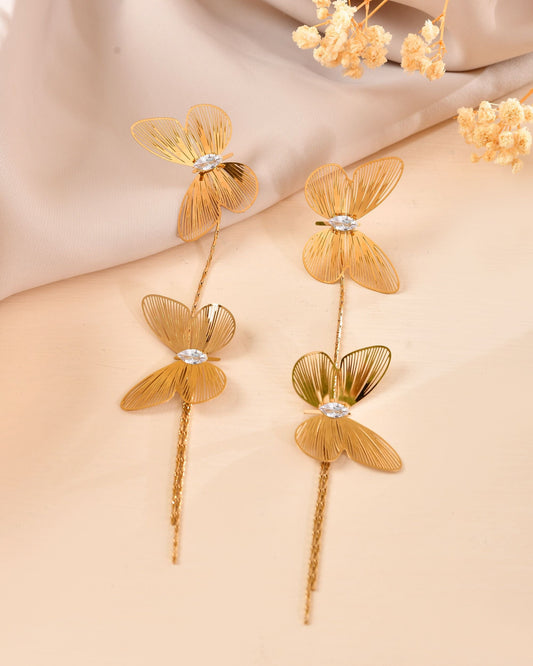 VOJ Gold Toned Butterfly Design With Tassel Studs Earrings