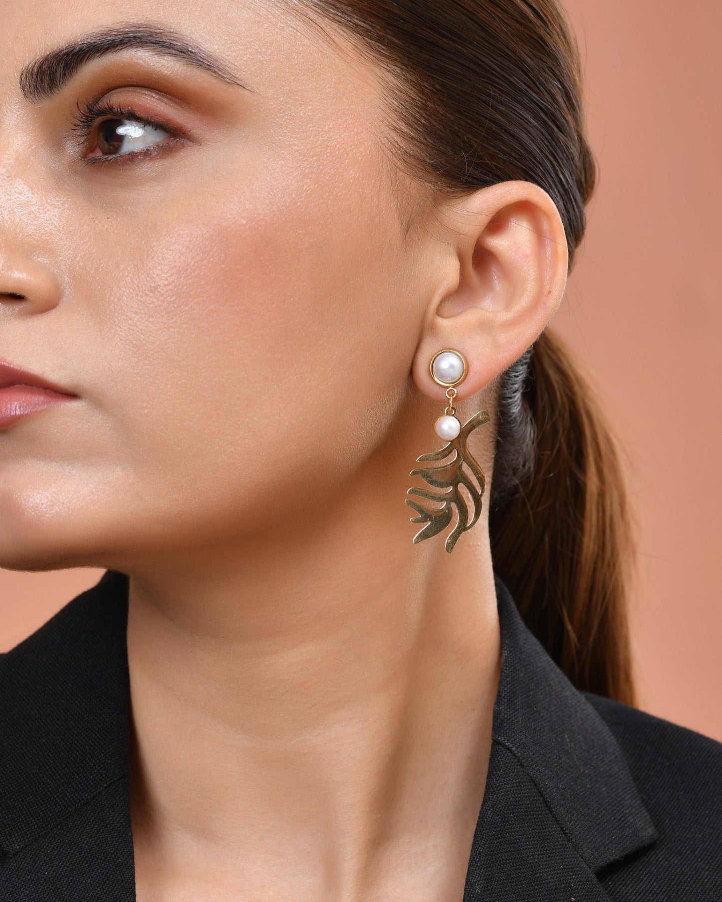 VOJ Gold Plated Leaf Designed Earrings With Pearl