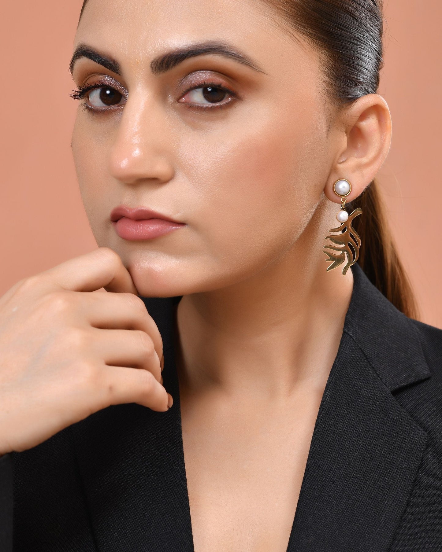 VOJ Gold Plated Leaf Designed Earrings With Pearl