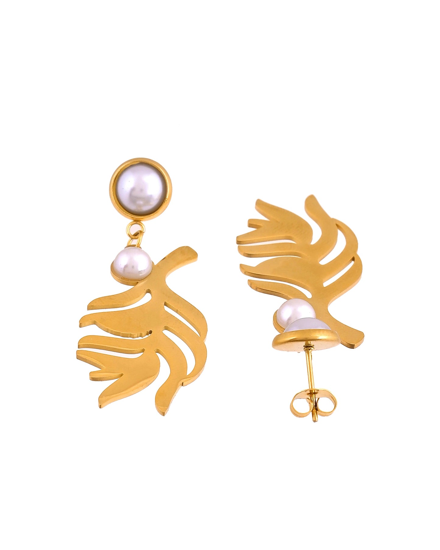 VOJ Gold Plated Leaf Designed Earrings With Pearl