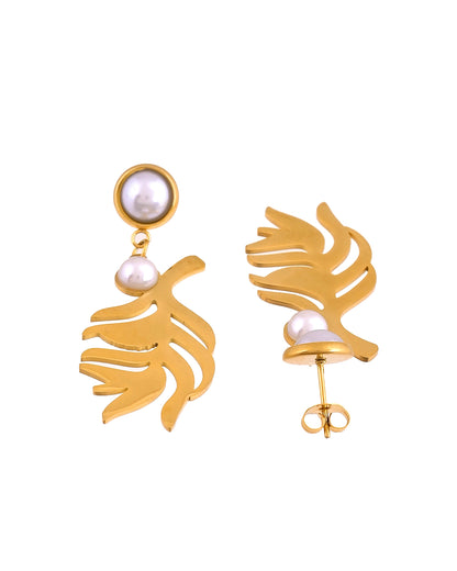 VOJ Gold Plated Leaf Designed Earrings With Pearl