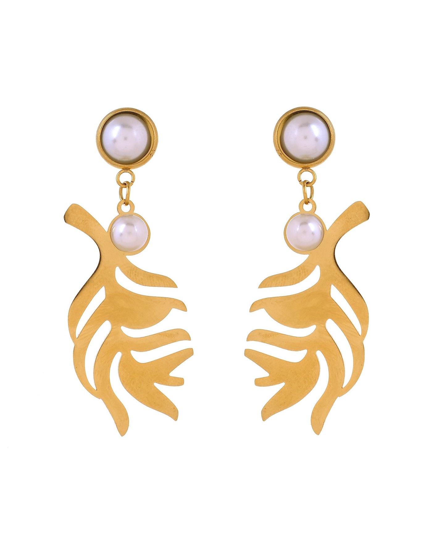 VOJ Gold Plated Leaf Designed Earrings With Pearl
