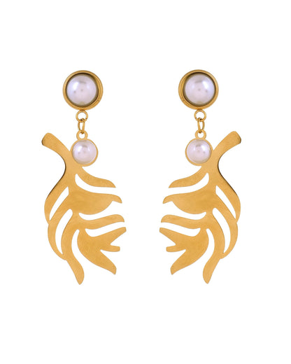 VOJ Gold Plated Leaf Designed Earrings With Pearl