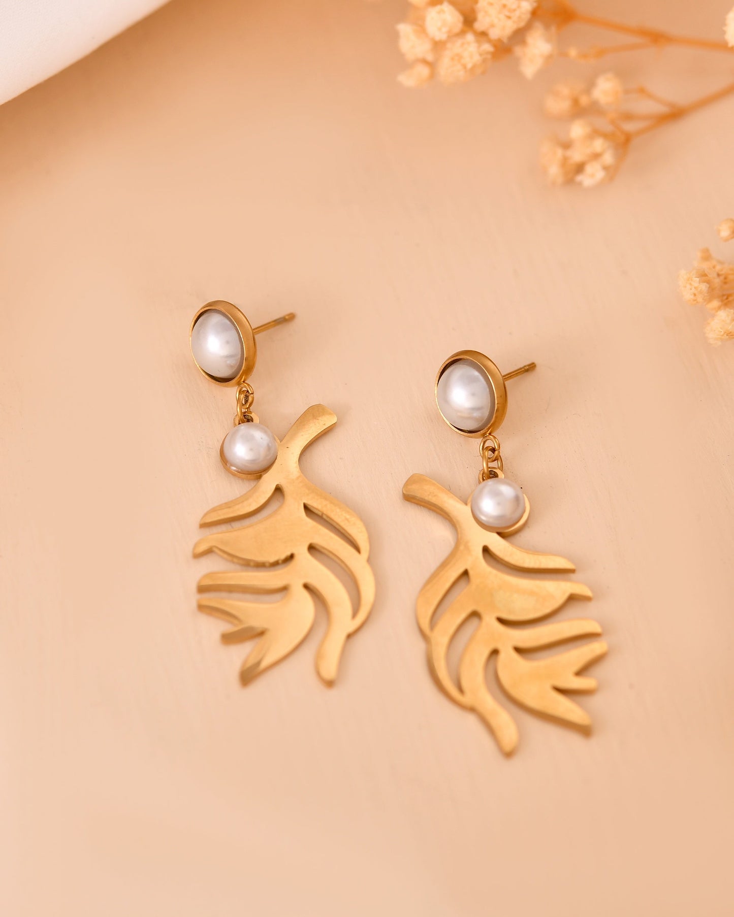VOJ Gold Plated Leaf Designed Earrings With Pearl