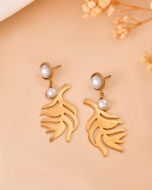 VOJ Gold Plated Leaf Designed Earrings With Pearl