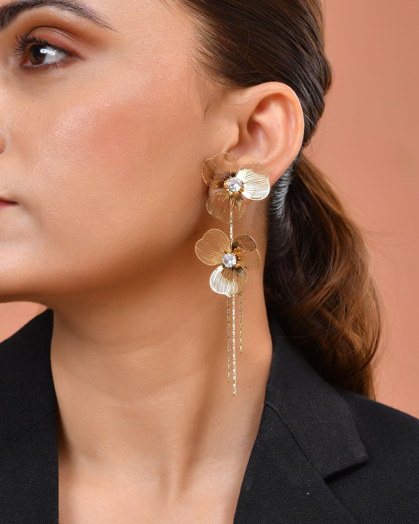 VOJ Gold Toned Floral Design With Tassel Studs Earrings