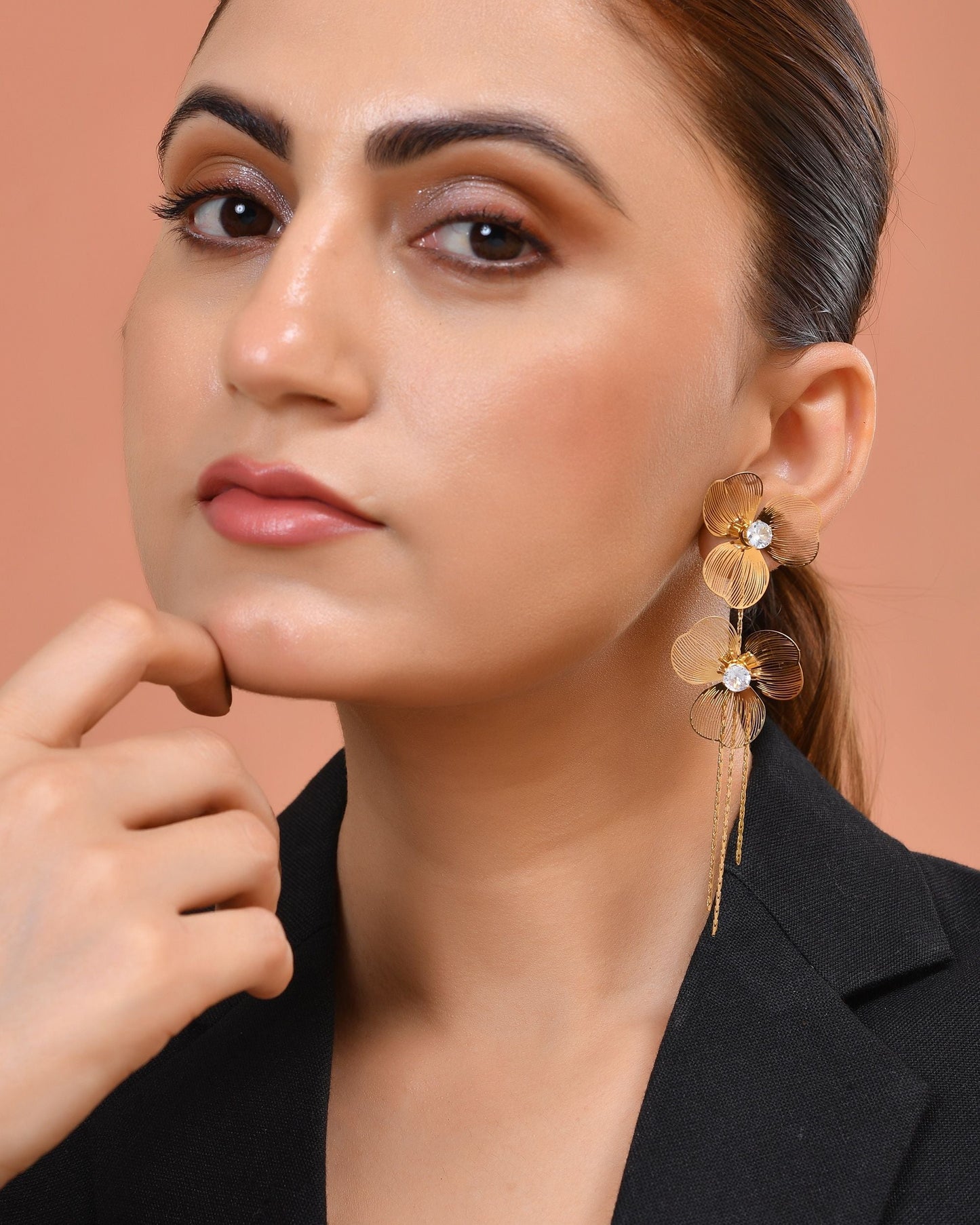 VOJ Gold Toned Floral Design With Tassel Studs Earrings