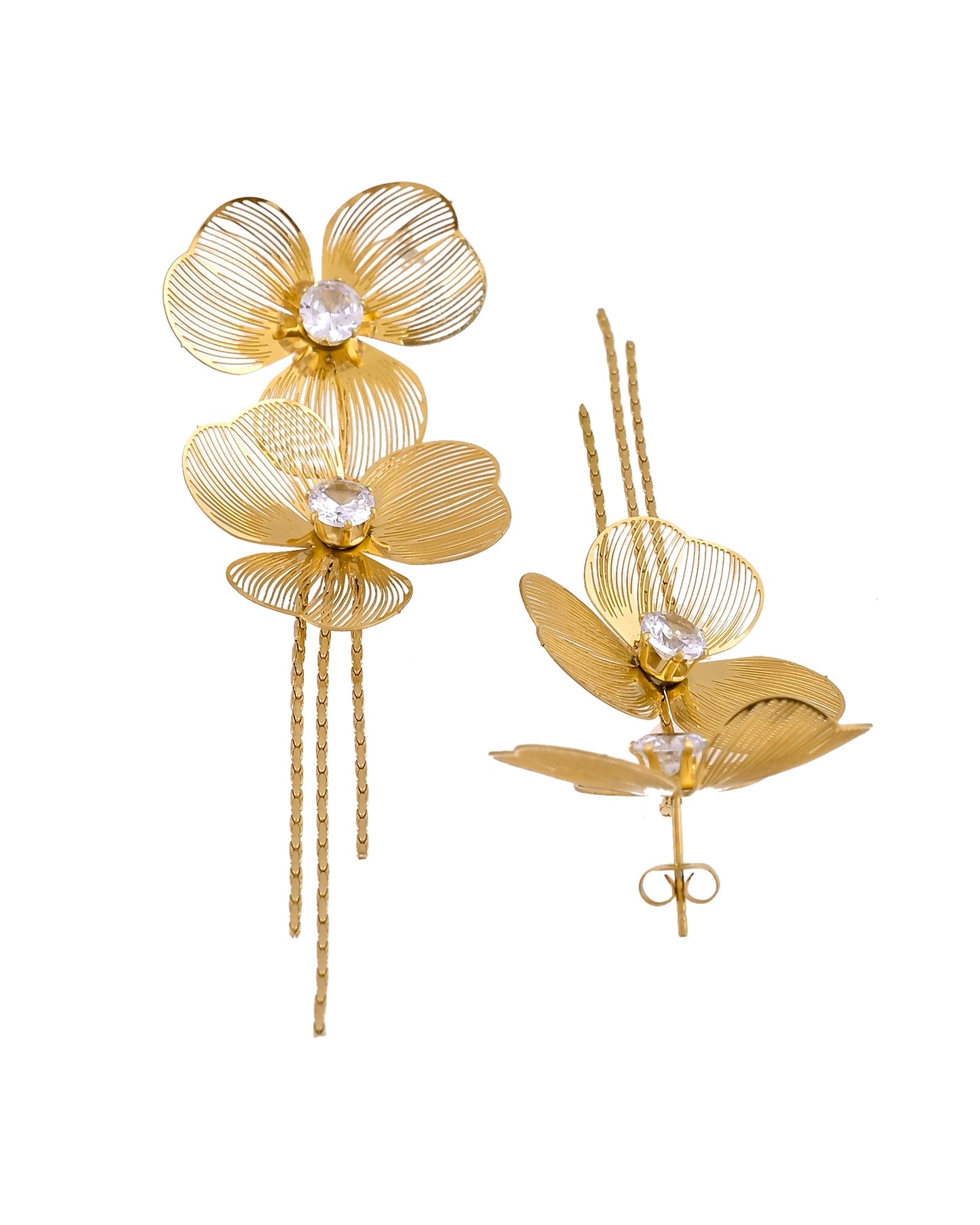 VOJ Gold Toned Floral Design With Tassel Studs Earrings