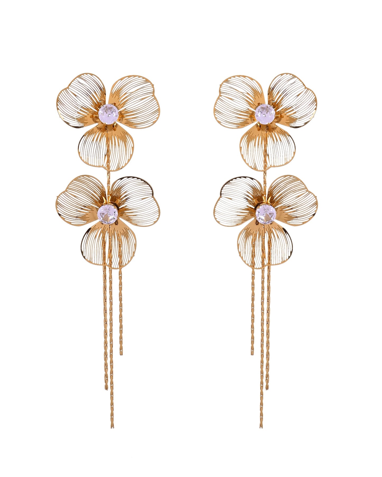 VOJ Gold Toned Floral Design With Tassel Studs Earrings