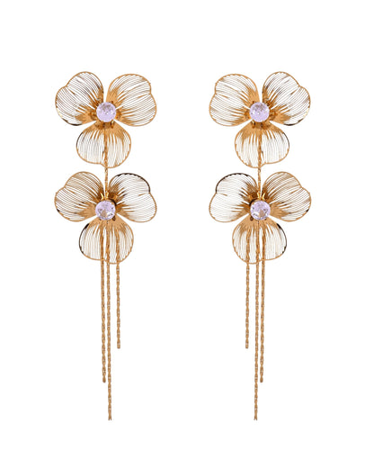 VOJ Gold Toned Floral Design With Tassel Studs Earrings