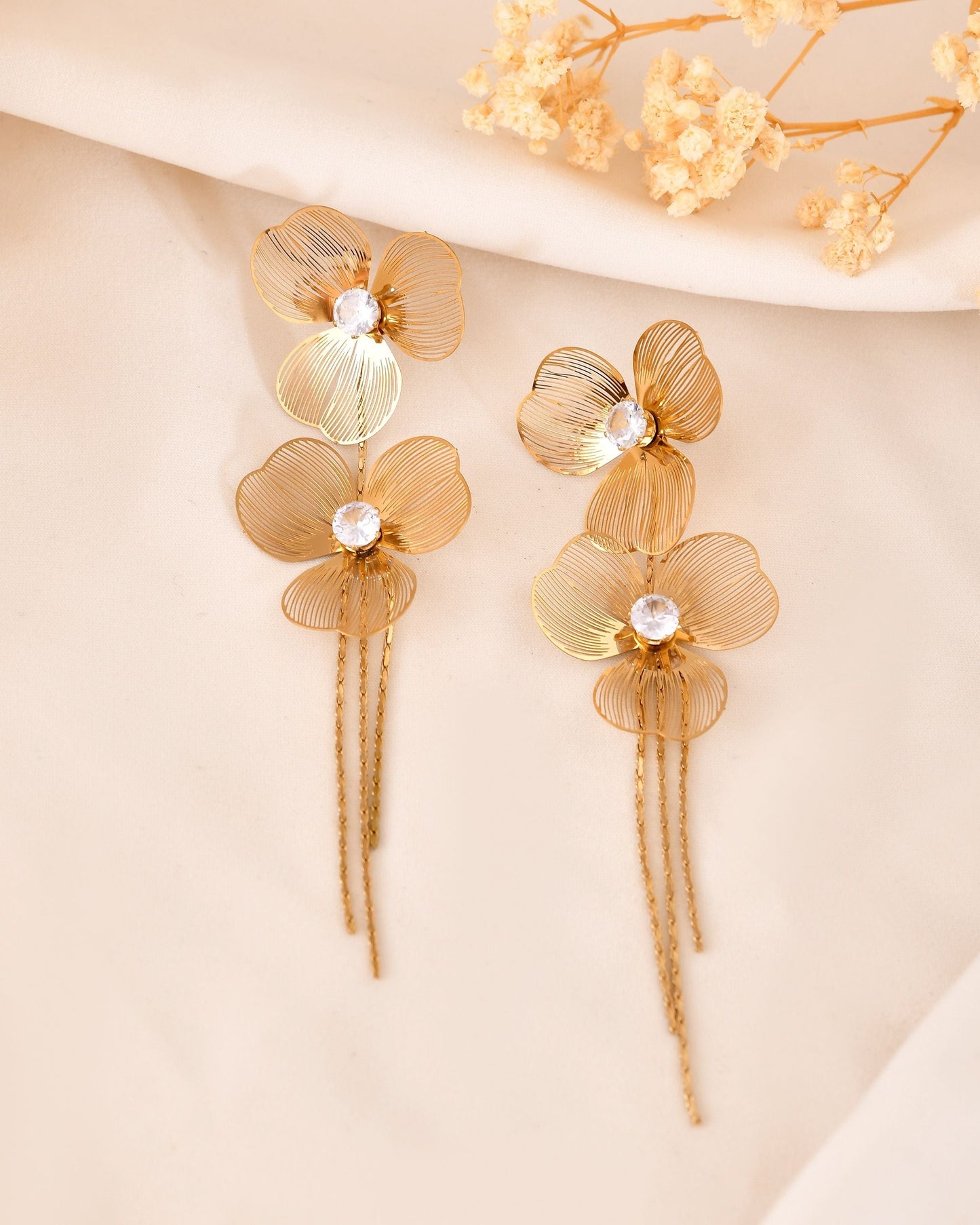 VOJ Gold Toned Floral Design With Tassel Studs Earrings