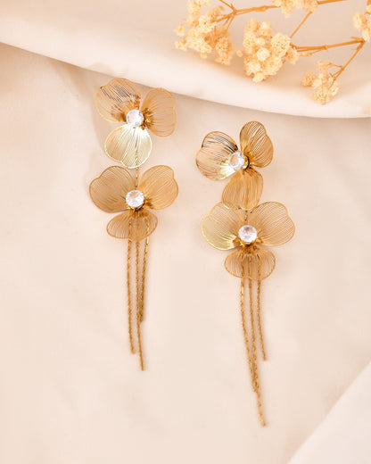 VOJ Gold Toned Floral Design With Tassel Studs Earrings