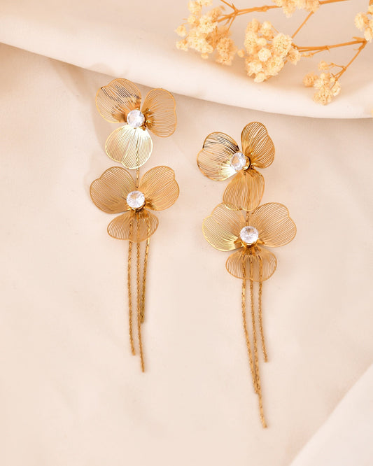 VOJ Gold Toned Floral Design With Tassel Studs Earrings