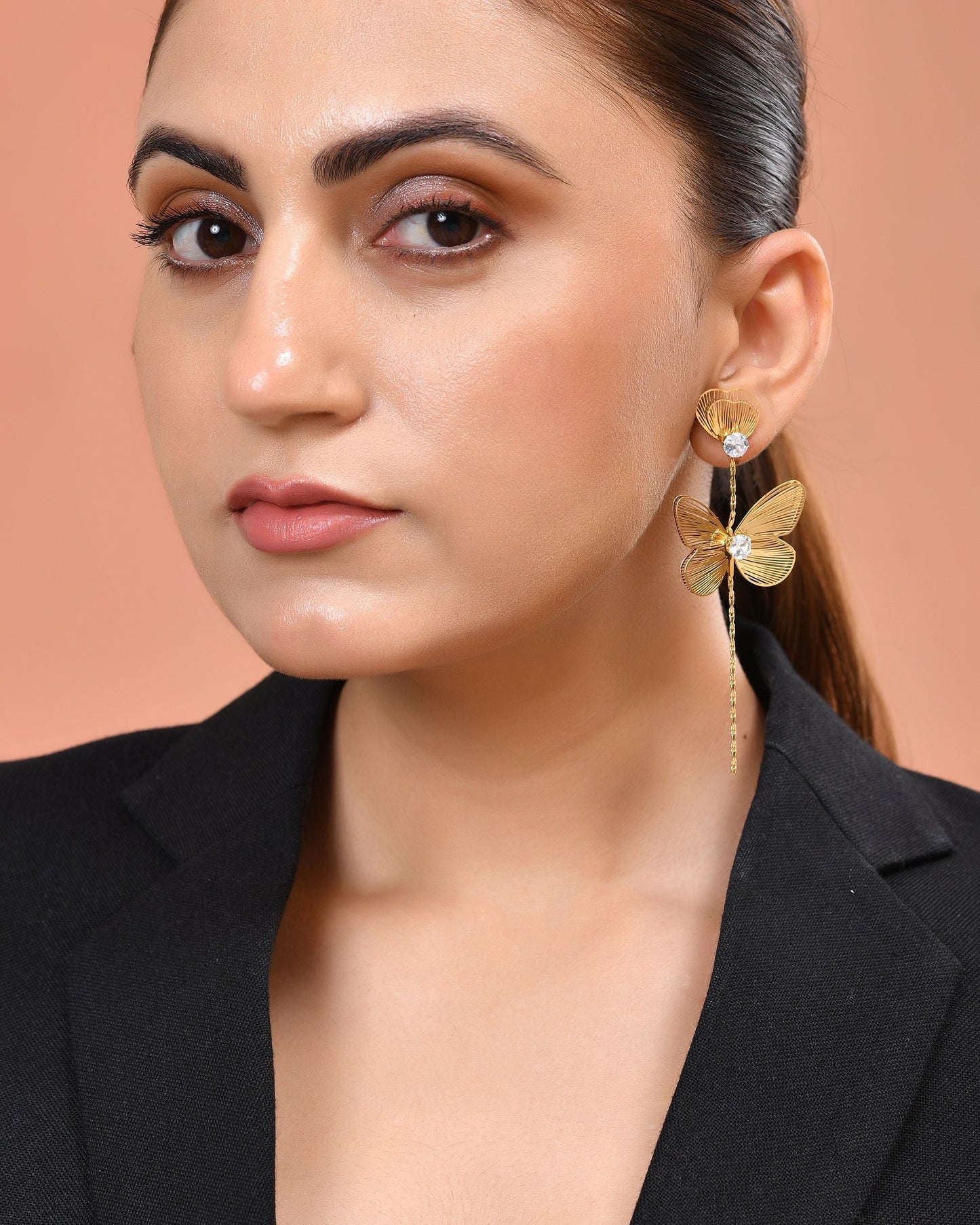VOJ Gold Toned Single Butterfly Design With Tassel Studs Earrings
