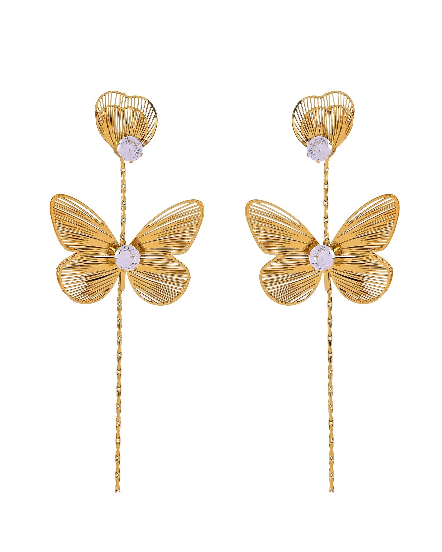 VOJ Gold Toned Single Butterfly Design With Tassel Studs Earrings