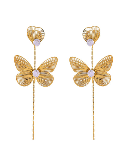 VOJ Gold Toned Single Butterfly Design With Tassel Studs Earrings