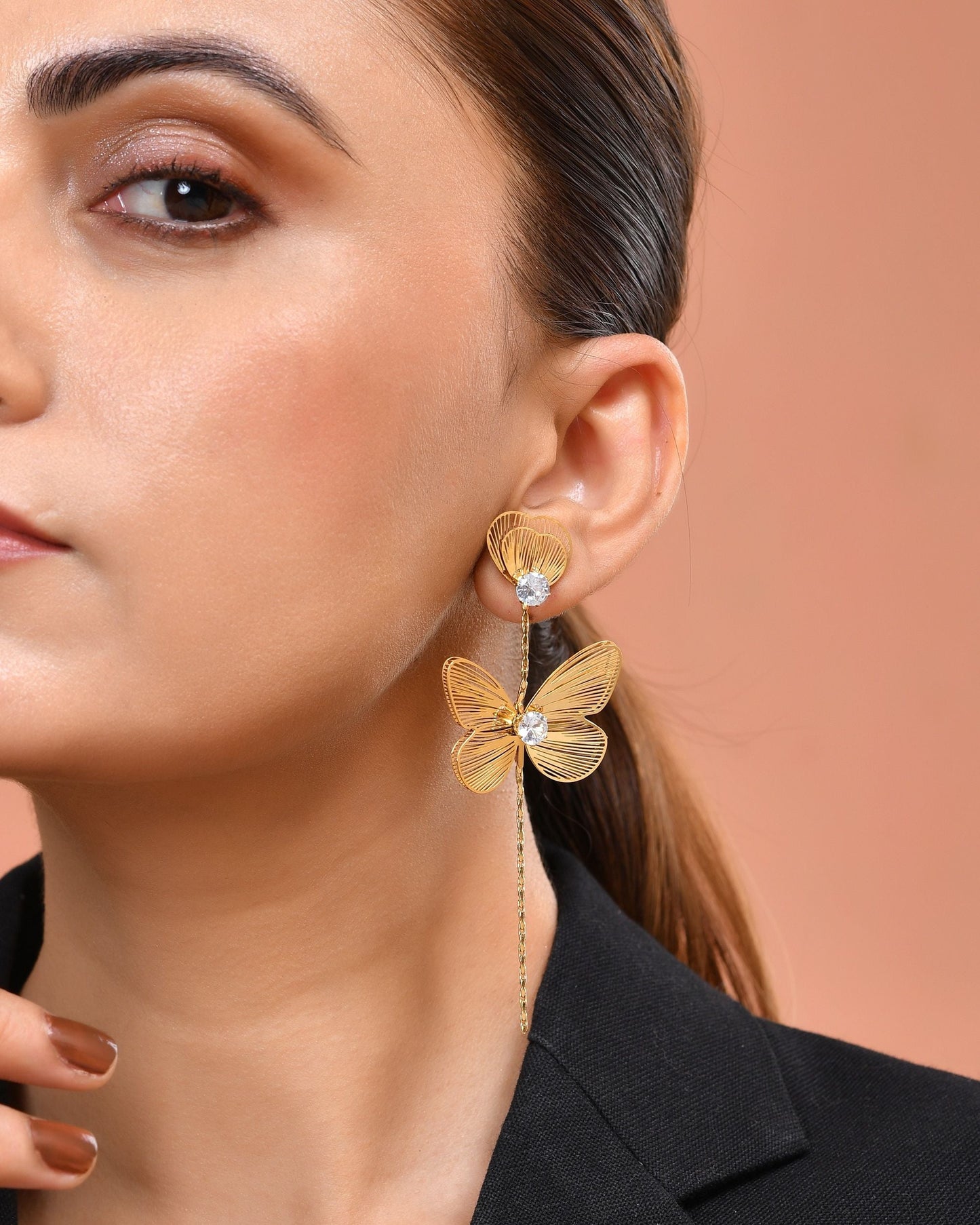 VOJ Gold Toned Single Butterfly Design With Tassel Studs Earrings