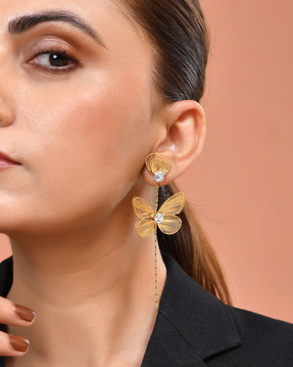 VOJ Gold Toned Single Butterfly Design With Tassel Studs Earrings