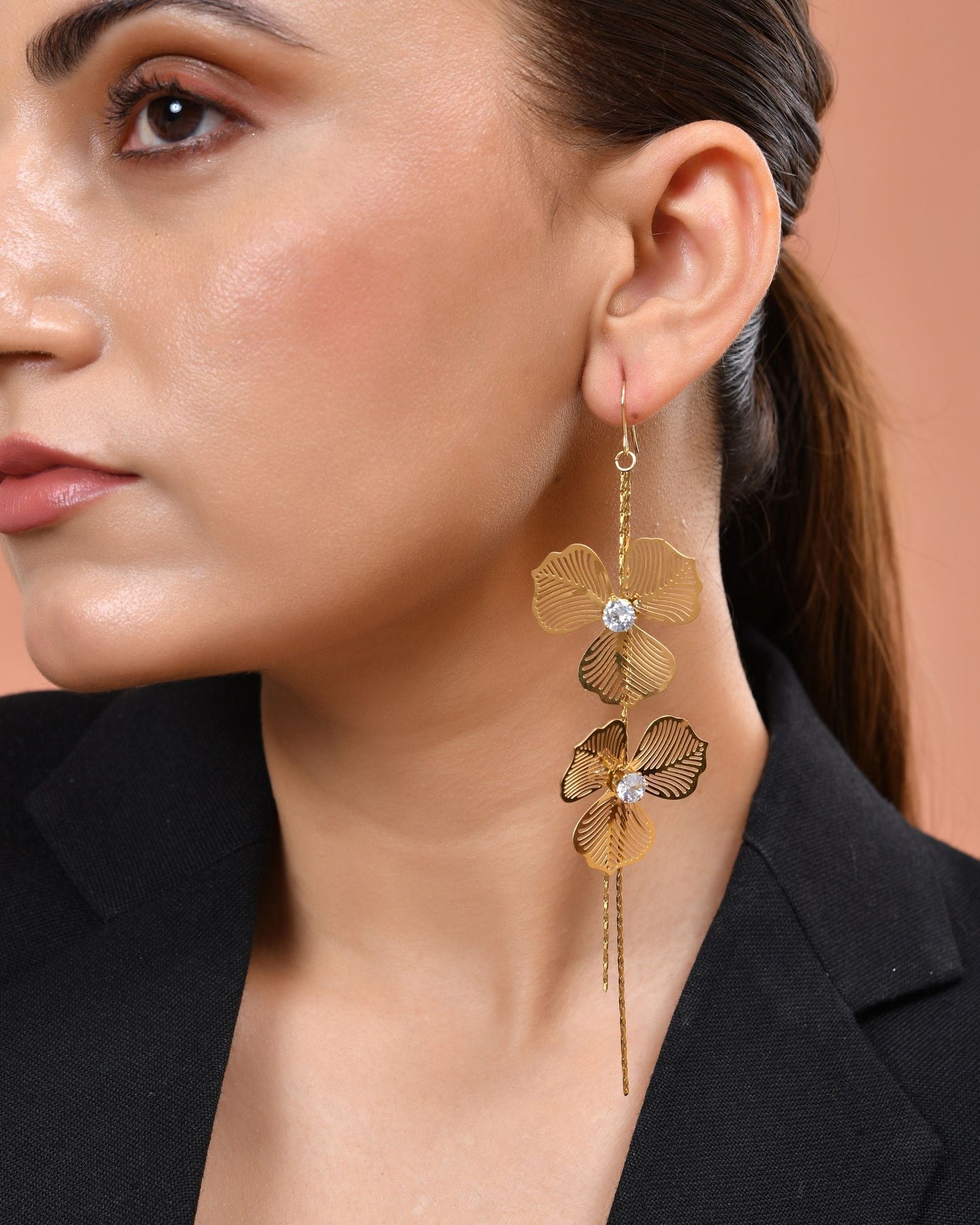 VOJ Gold Toned Floral Design With Tassel Drop Earrings