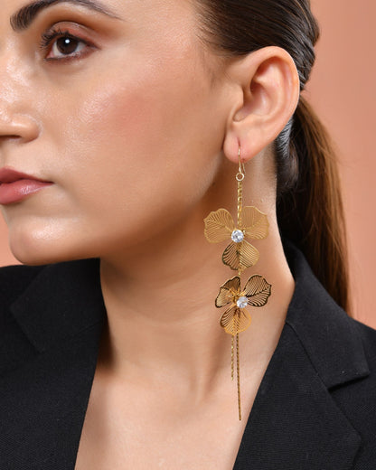 VOJ Gold Toned Floral Design With Tassel Drop Earrings