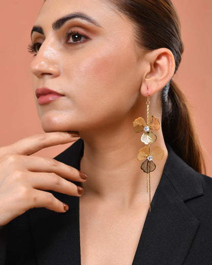 VOJ Gold Toned Floral Design With Tassel Drop Earrings