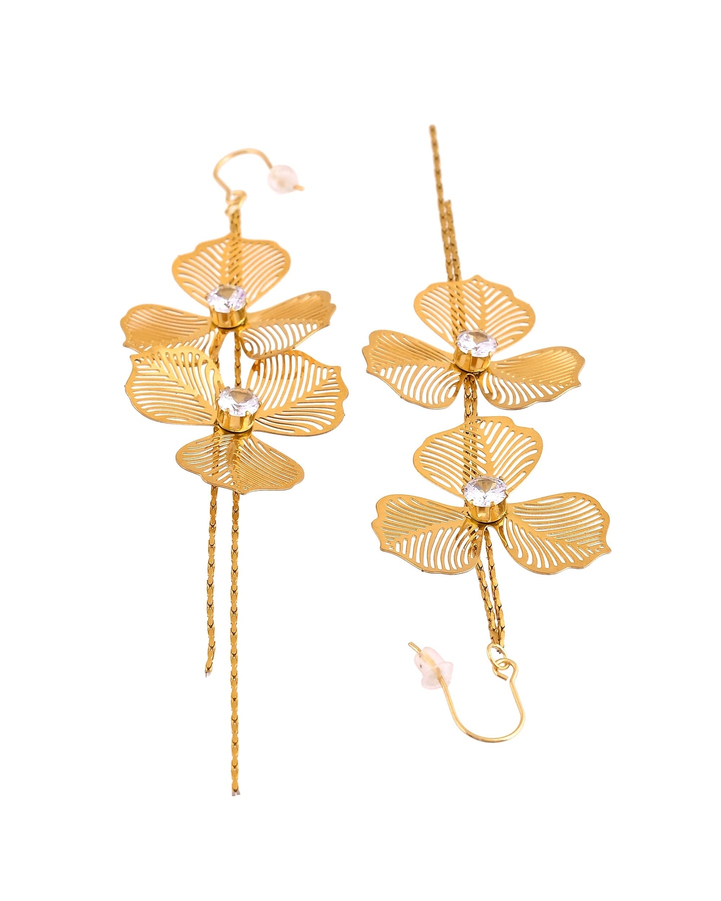 VOJ Gold Toned Floral Design With Tassel Drop Earrings