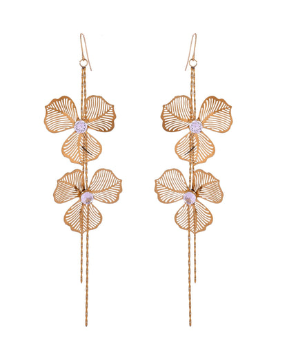 VOJ Gold Toned Floral Design With Tassel Drop Earrings