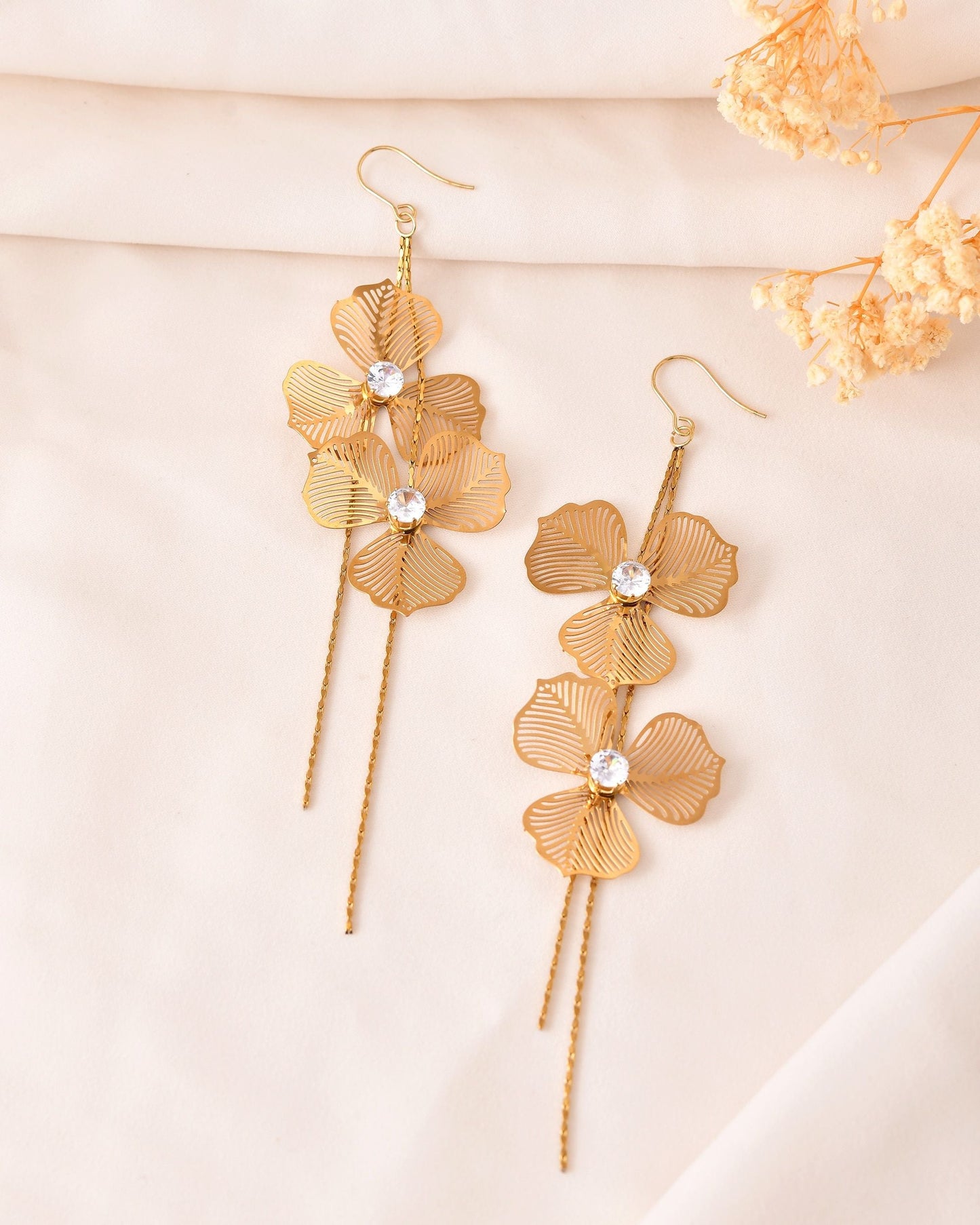 VOJ Gold Toned Floral Design With Tassel Drop Earrings