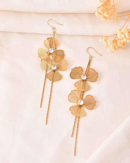 VOJ Gold Toned Floral Design With Tassel Drop Earrings