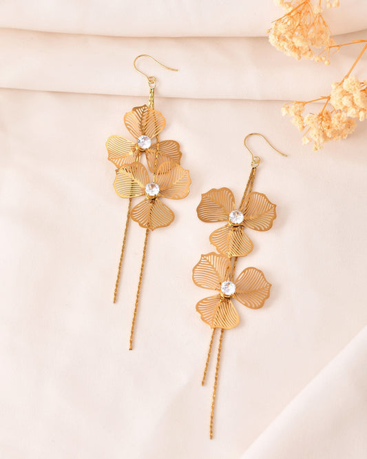 VOJ Gold Toned Floral Design With Tassel Drop Earrings