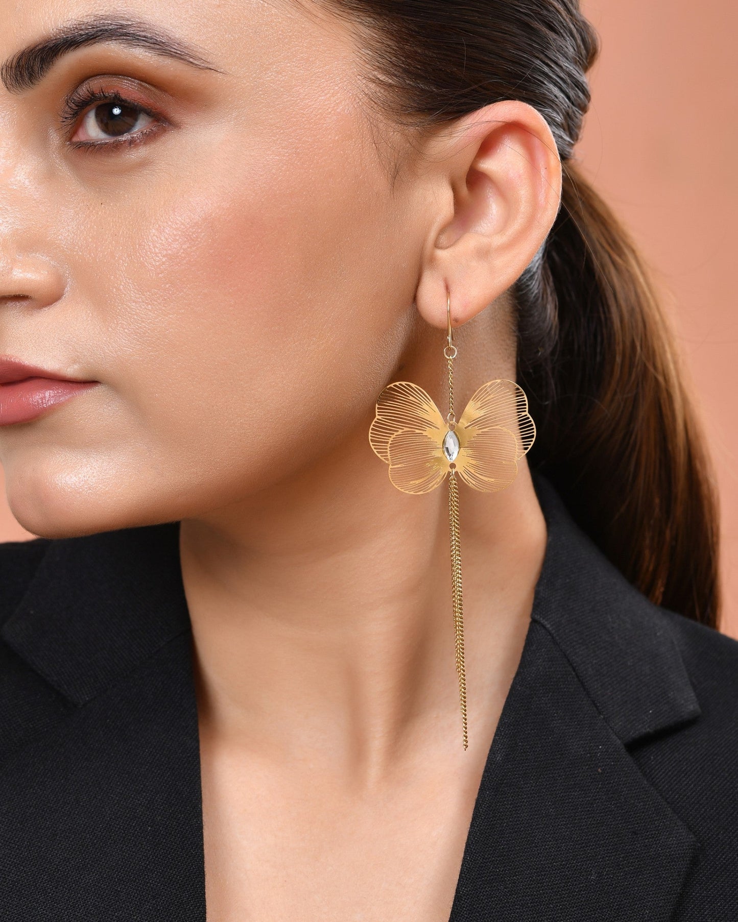 VOJ Gold Toned Single Butterfly Design With Tassel Drop Earrings