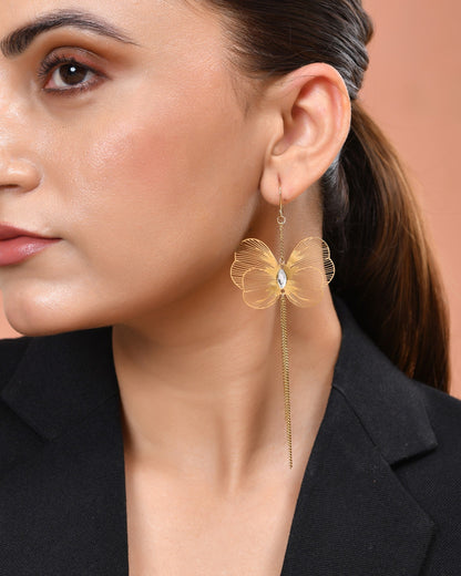 VOJ Gold Toned Single Butterfly Design With Tassel Drop Earrings