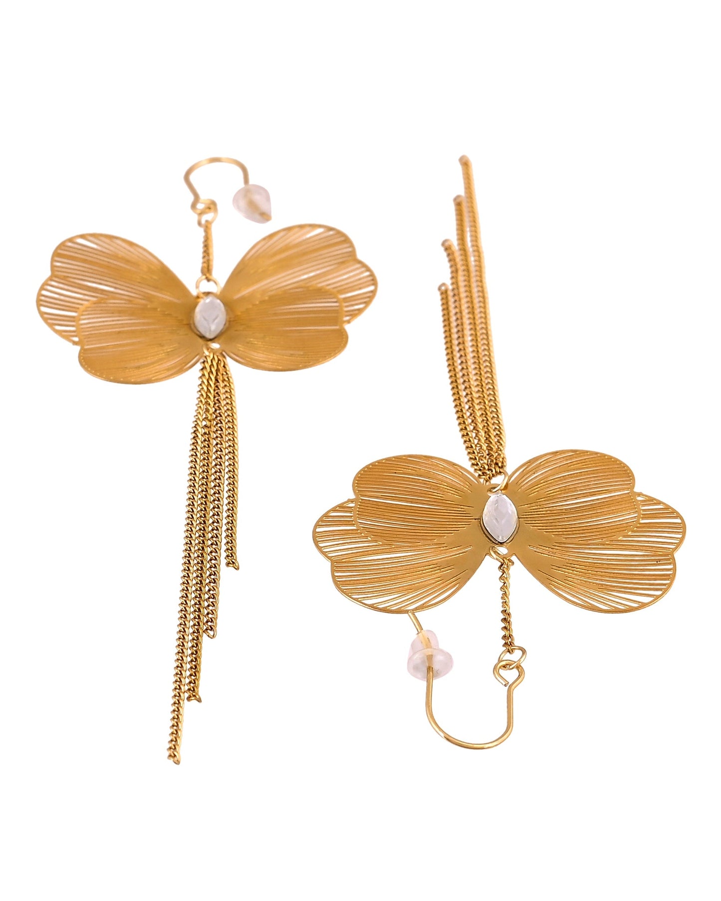 VOJ Gold Toned Single Butterfly Design With Tassel Drop Earrings