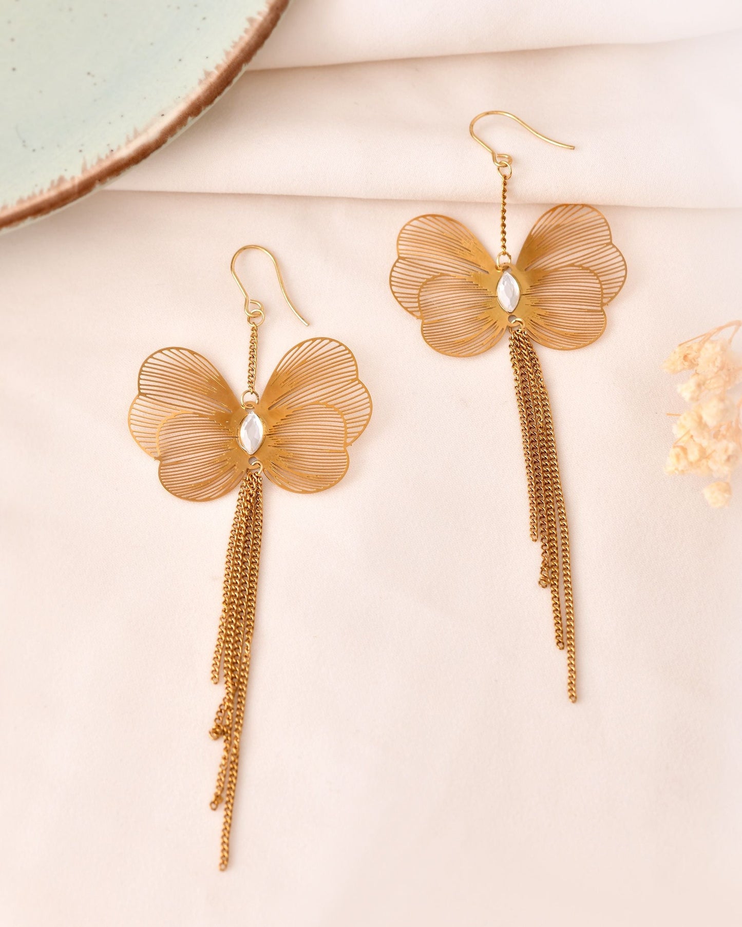 VOJ Gold Toned Single Butterfly Design With Tassel Drop Earrings