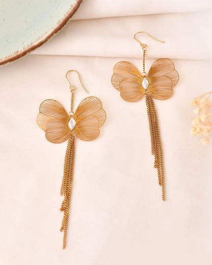 VOJ Gold Toned Single Butterfly Design With Tassel Drop Earrings
