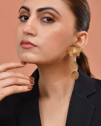 VOJ Gold Toned Floral Designed Studs Earrings