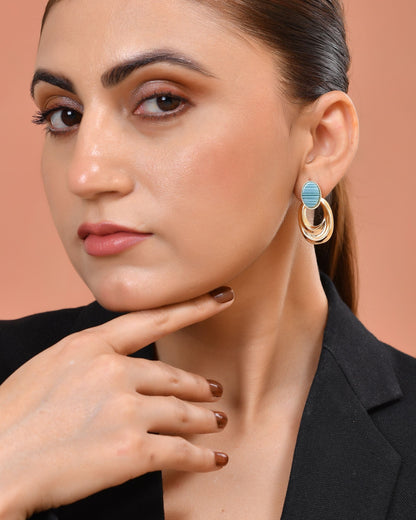 VOJ Gold Plated Blue Stone Studded Oval Shaped Earrings