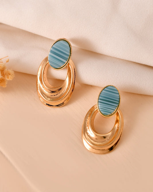 VOJ Gold Plated Blue Stone Studded Oval Shaped Earrings