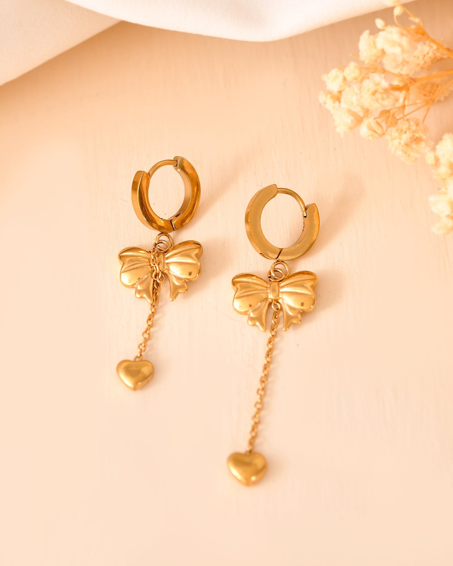 VOJ Gold Plated Bow Designed Hoop Drop Earrings