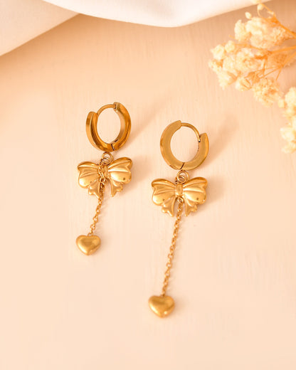 VOJ Gold Plated Bow Designed Hoop Drop Earrings