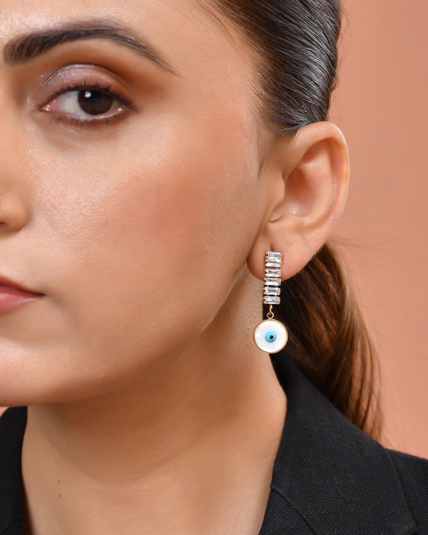 VOJ Gold Plated Stone Studded Evil Eye Drop Earrings