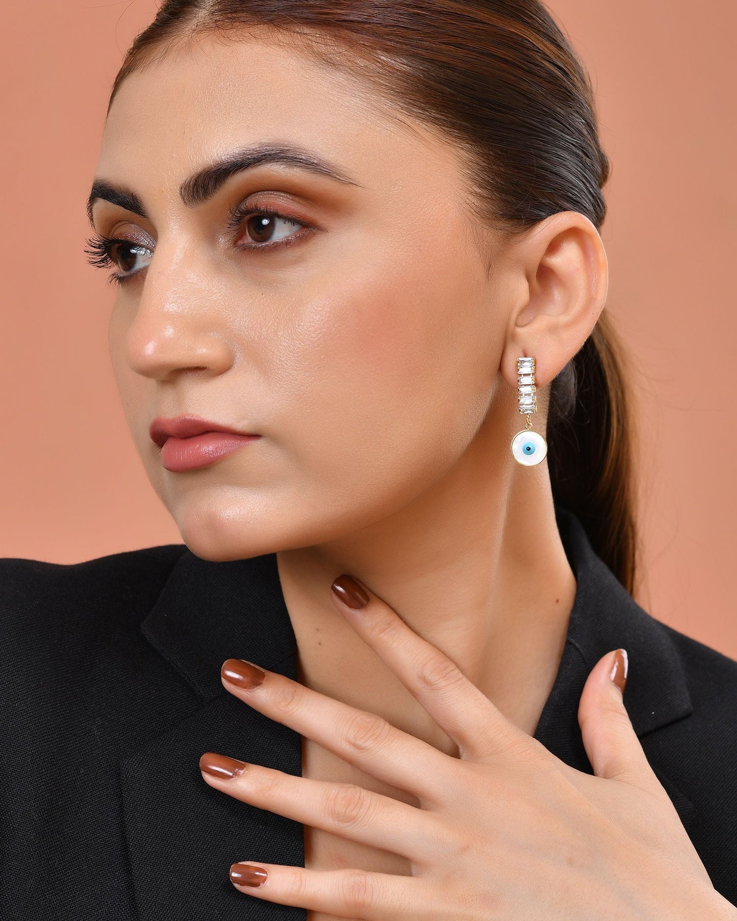 VOJ Gold Plated Stone Studded Evil Eye Drop Earrings