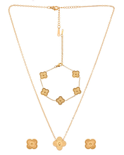 VOJ Gold Plated Floral Design Chain With Earrings And Bracelet Set