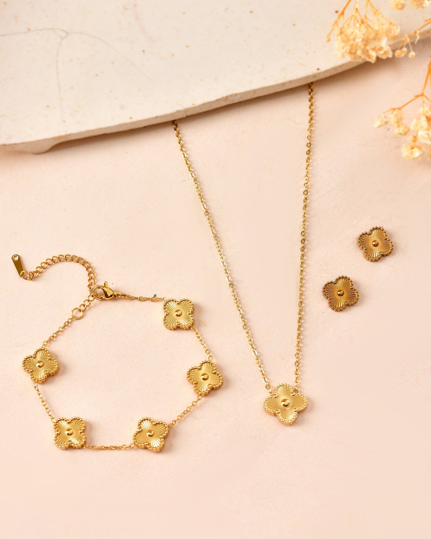 VOJ Gold Plated Floral Design Chain With Earrings And Bracelet Set