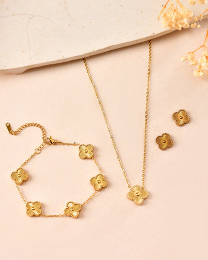 VOJ Gold Plated Floral Design Chain With Earrings And Bracelet Set